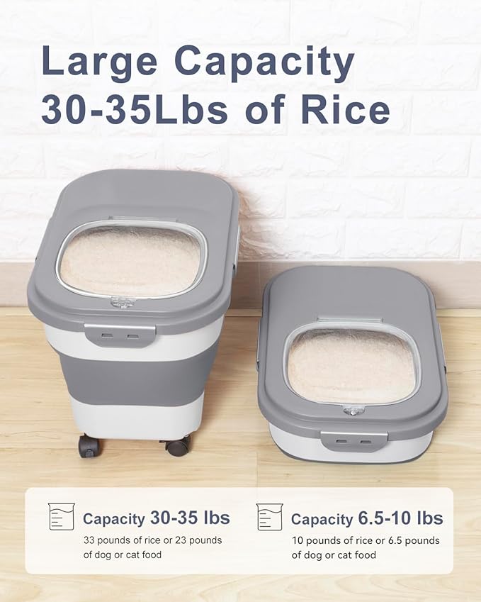 20-30 Lbs Rice Storage Container,Collapsible Food Storage Containers with Rolling Wheel Airtight Locking Lid,Flour Storage Container with Cup and Scoop,Suitable for Food,Rice,Pet Food,Flour