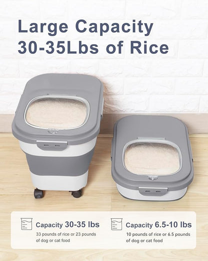20-30 Lbs Rice Storage Container,Collapsible Food Storage Containers with Rolling Wheel Airtight Locking Lid,Flour Storage Container with Cup and Scoop,Suitable for Food,Rice,Pet Food,Flour