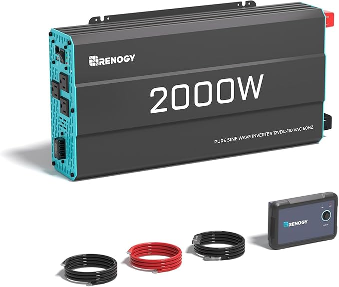 Renogy Inverter P2 2000 watt Pure Sine Wave Inverter, Solar Car Power Inverter 12V to 120V AC Converter for RV, Truck, Camping, Home Backup, Outdoor, Emergency, Off-Grid Living, 16.4FT Remote Control