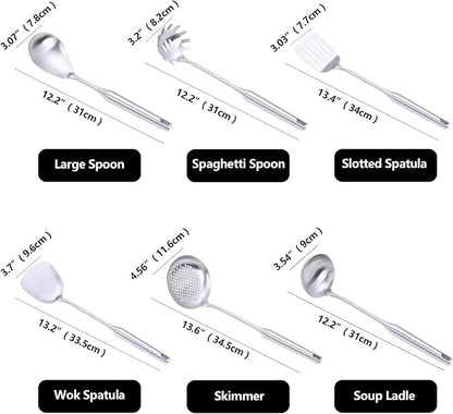 Stainless Steel Kitchen Cooking Utensils Set 6 PCS Dishwasher Safe | Food-grade 304, All Metal, 12-13.6", Wok Spatula, Ladle, Skimmer, Slotted Spatula Turner, Spaghetti Spoon, Large Spoon