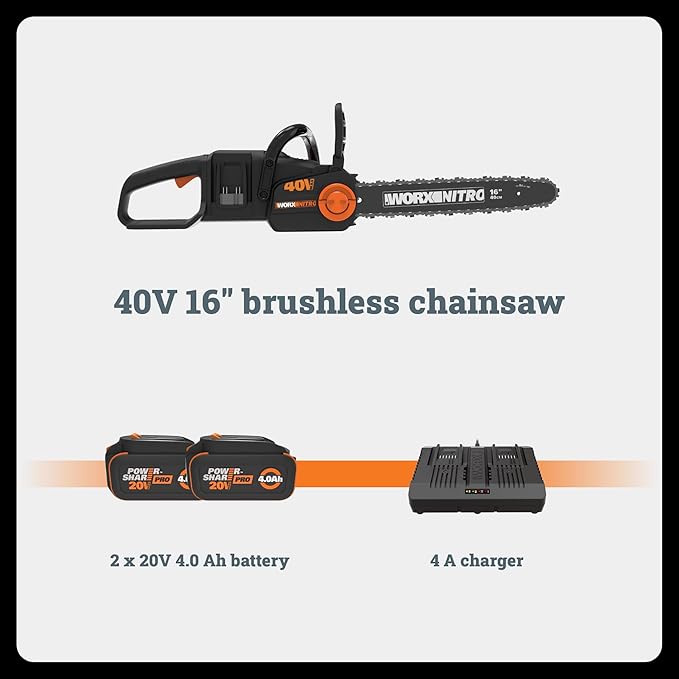Worx Nitro 40V 16" Cordless Brushless Chainsaw 4.0 Ah Battery and Charger Included WG385