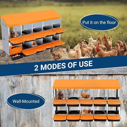 [10-Pack] Chicken Nesting Boxes for Hens - Galvanized Steel Wall Mount or Freestanding Chicken Nest, Removable Plastic Egg Tray & Ventilation Holes - Poultry Nesting Boxes for Egg Laying (Orange)