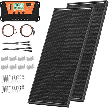 200 Watts Solar Panel Kit, 12V/24V (2PCS 100W) Monocrystalline 30A Charge Controller 25% High-Efficiency PV Module for RV, Rooftop, Boats, Trailer, Vehicle, Caravan, Off-Grid System (200W)