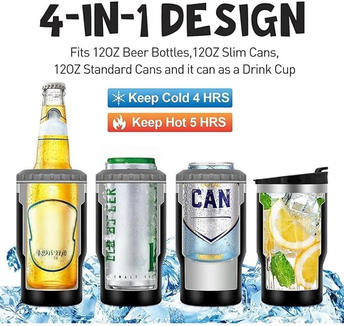 14oz 4 in 1 Stainless Steel Can Cooler Beer Bottle Insulator With 2 Lids for 12oz can&bottle, Double walled insulated Thermocooler &Travel Mug Holder Keeping Your Bevearge Cold (Rose red)