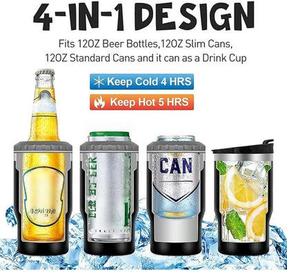 14oz 4 in 1 Stainless Steel Can Cooler Beer Bottle Insulator With 2 Lids for 12oz can&bottle, Double walled insulated Thermocooler &Travel Mug Holder Keeping Your Bevearge Cold (Rose red)