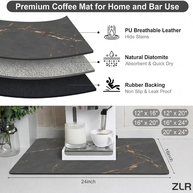 ZLR Large Coffee Bar Mat for Coffee Station, 16"x24" XL, Marble Gray | Oversized Counter Protector, Absorbent Dish Drying Mat, Fits Espresso, Grinder, Frother & Cup Display, Hides Stains