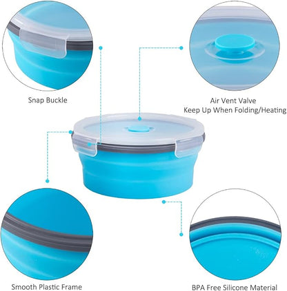 Collapsible Food Storage Containers Round with Airtight Lid, 27 oz, Kitchen Stacking Silicone Collapsible Meal Prep Container Set for Leftover, Microwave Freezer Dishwasher Safe, Blue, Set of 4