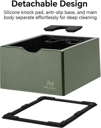 Espresso Knock Box with Brush, 15 Pucks Coffee Grounds Dump Bin with Silicone Knock Bar, Anti-Slip Base & Tamping Station, Quiet Knockbox Set for Barista Home Kitchen & Coffee Bar, Green
