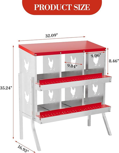 Metal Nesting Boxes for Chickens - 6 Compartments Chicken Roosting Boxes, Chicken Coop Nest Box with Legs, Perch & Lid - Versatile Wall Mount or Free Standing for Backyard Flock, Homestead, Small Farm