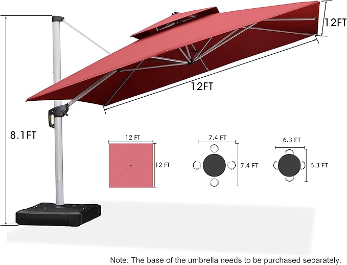 PURPLE LEAF Patio Umbrella 12 Feet Double Top Deluxe Square Offset Hanging Umbrella Cantilever Umbrella Outdoor Market Garden, Terra