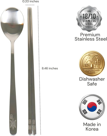 ONGI Korean Spoon and Chopsticks Set, Flat Korean Chopsticks, Premium 18/10 Stainless Steel, Turtle Symbol Design, Made in Korea, Dishwasher Safe, Meaningful Korean Gift (TT Silver 2 Set)