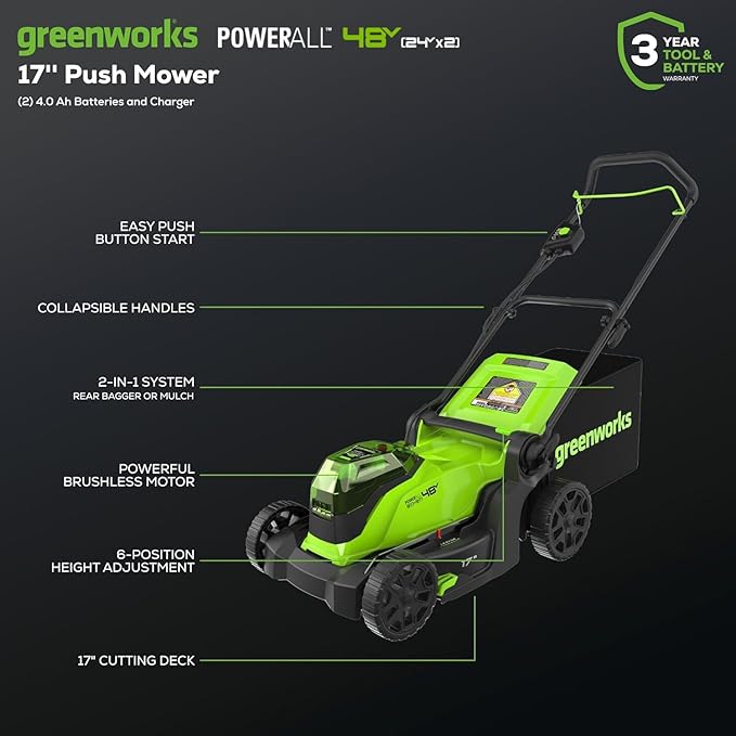 Greenworks 48V (24V x 2) 17" Brushless Mower+12" String Trimmer +320CFM Blower,(2) 4.0Ah Batteries and 2A Dual Port Charger
