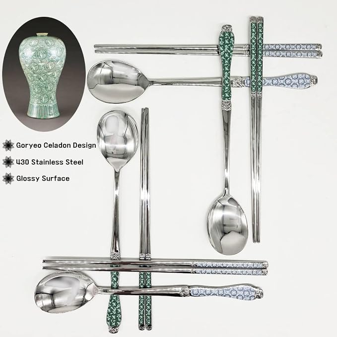 [Made in Korea] Goryeo Celadon Design Korean Table Sticky Rice Spoon and Chopsticks 430 Stainless Steel Glossy Surface Mukbang Cutlery (White and Blue)