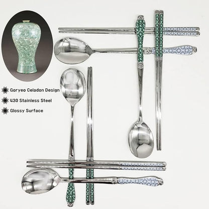 [Made in Korea] Goryeo Celadon Design Korean Table Sticky Rice Spoon and Chopsticks 430 Stainless Steel Glossy Surface Mukbang Cutlery (White and Blue)