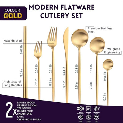 KiiZYs Matte Gold Silverware Set Cutlery Set - 14-piece 18/10 Stainless Steel Flatware Utensil Set - Korean Chopsticks Fork Spoon Knife - Reusable Dishwasher Safe - Gift Box (Gold, Service for 2)