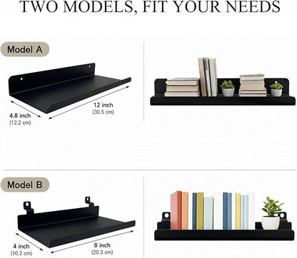 Floating Shelves for Wood Wall Panels,Metal Shelf for Storage Display,2pk | 8x4 Inch and 12x4.8 Inch,Black,Shelf Accessories,Wall Shelves Holder