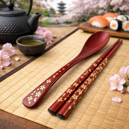 Premium Japanese Chopsticks with Spoon Reusable [ Made in Japan ] Traditional Lacquer Art Wooden Chopsticks (Gold Flower RD(YM2002))