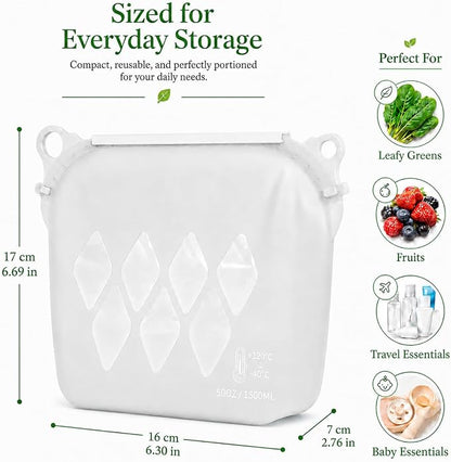 Yosmer Reusable Silicone Food Storage Bag, 50oz/1500ml Food-Grade Silicone Stand-Up Bag with Magnetic Self-Sealing Opening, Clear Windows, Freezer & Dishwasher Safe, White, 1 Pack
