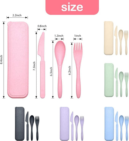 YDYTOP Reusable Travel Utensils Set with Case, 12 Sets Wheat Straw Portable Knife Fork Spoons Cutlery, Eco-Friendly BPA Free Plastic Tableware for Kids Adults School Lunch Party Picnic and Camping