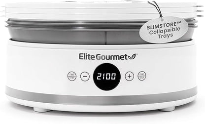 Elite Gourmet EFD329WD Digital Food Dehydrator, 5 SlimStore Trays, White | Adjustable timer & temp controls - BPA-free collapsible trays, compact storage - makes jerky, herbs, fruit, veggies & snacks