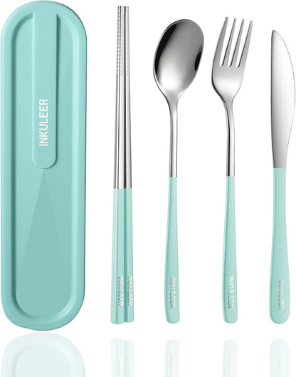 iNKULEER Travel cutlery set, 18/8 stainless steel cutlery, Reusable utensils set with case, Portable Silverware Lunch Box for Camping and Office
