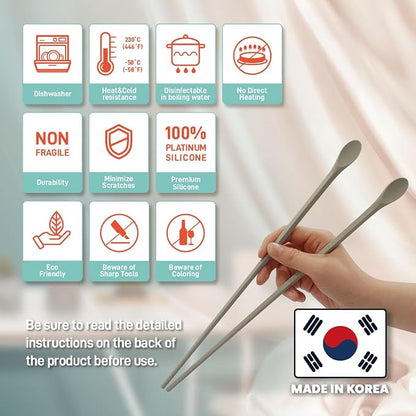 Reusable Long Silicone Cooking Chopsticks with Spoon 12 Inches 2 Pairs Set, Dishwasher Safe, BPA-free Non-Slip, Non-Scratch, Korean Japanese Kitchen Utensils (Pastel Grey 2 Set)