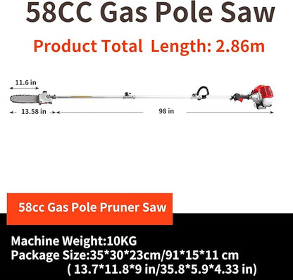 COOCHEER Pole Saw Gas Powered, 16-Foot Reach 58CC 2-Cycle Gas Pole Chain Saw 11.5-Inch Bar Cordless Extendable Long Tree Trimmer Gas Pole Saws for Tree Hedge Trimming Branches Pruning