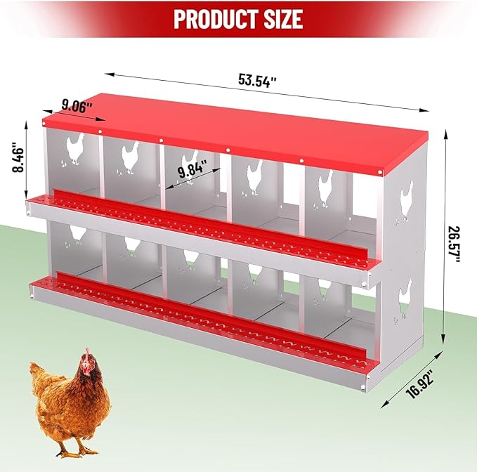 TrailBlaze Chicken Nesting Box 10 Compartments Laying Boxes, Metal Chicken Egg Laying Box with Rollout Egg Collection, Large Vented Holes Chicken Coop for Chickens, Hens (Red)