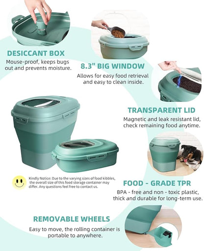 20-50 Lbs Food Storage Containers,Collapsible Rice Container with Wheel Airtight Locking Lid,Flour Storage Container with Small Food Jar and Scoop,Suitable for Food,Rice,Pet Food,Flour