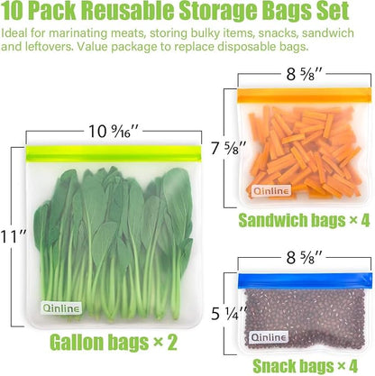Qinline Reusable Food Storage Bags - 10 Pack Freezer Bags, Reusable Bags Silicone, Extra Thick Leakproof Reusable Lunch Bag for Salad Fruit Snack Travel - 2 Gallon 4 Sandwich 4 Snack Bags