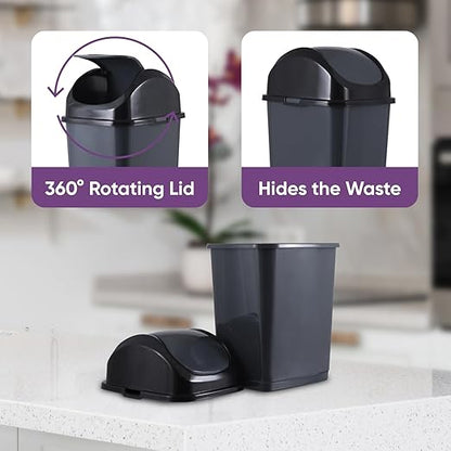 Superio Small 2.5 Gallon Plastic Trash Can with Swing Top Lid, Compact Slim Waste Bin for Under Desk, Office, Bedroom, Bathroom, Dorm Room, 10 Qt. Portable Garbage Can (Dark Grey, 2 Pack)