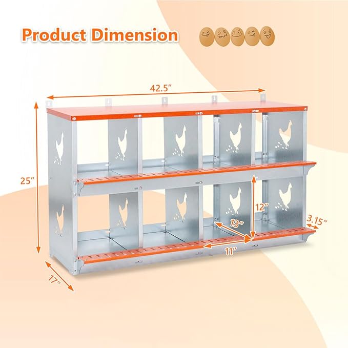 8 Hole Chicken Nesting Boxes for Laying Eggs, Large Galvanized Steel Hen Nesting Box with Ventilation & Coconut Fiber Pads, Wall Mount Chicken Laying Box for Hens, Ducks & Birds, Orange