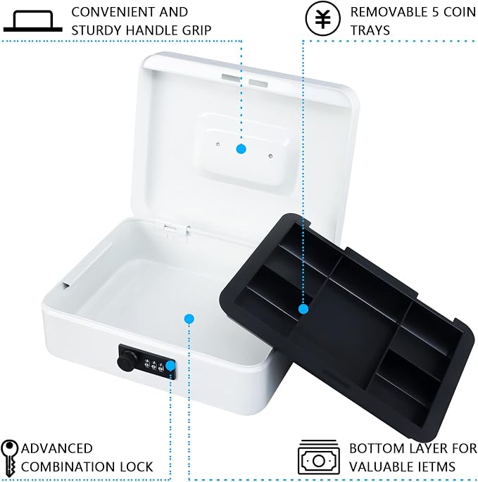 KYODOLED Large Cash Box with Combination Lock,Safe Metal Box for Money, Storage Lock Box with Money Tray,9.84"x 7.87"x 3.54" White Large