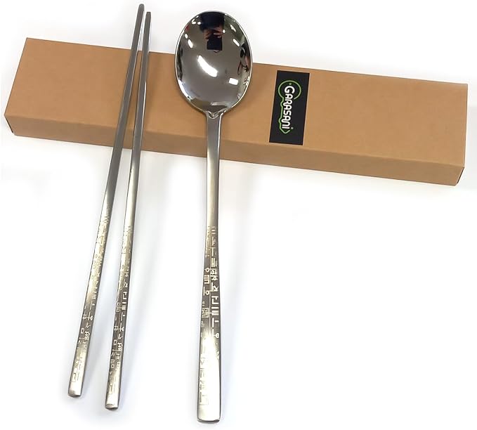 GARASANI Korean Traditional Cutlery Stainless Steel Spoons and Chopsticks Set (Silver Hunminjeongeum)