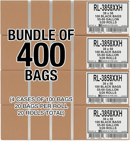 Aluf Plastics T-Tough Roll Pack Low Density Repro Blend Star Seal Coreless Rolls Bag, 55-60 Gallon Capacity, 58" Length x 38" Width, XXH Strength, Black (Pack of 400)