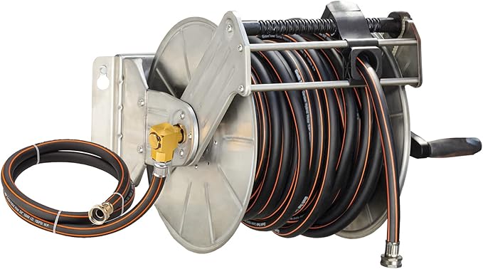 Giraffe Tools Stainless Steel Garden Hose Reel with 5/8" x 100 ft Heavy Duty Hose, Wall/Floor Mounted Metal Water Hose Reel with Crank Handle