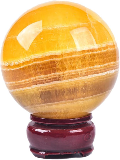 JIC Gem Natural Yellow Fluorite Crystal Sphere with Wooden Stand,Decorative Crystal Ball Yellow Gemstone Sphere for Meditation,Feng Shui,Witch-Style Decor,Table 70-80mm