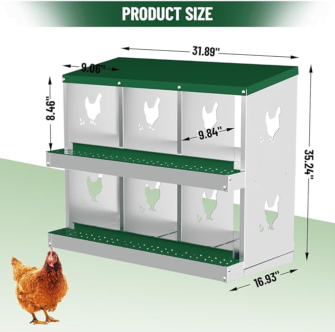 TrailBlaze Metal Chicken Nesting Boxes, Chicken Egg Laying Box with 6 Compartments, Large Vented Holes Chicken Coop with Rollout Egg Collection, Wall Mount Coops for Chickens, Hens (Green)