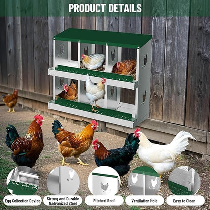 Chicken Nest Box, 6-Compartment Egg-Laying Box, Metal Hen House, Convenient for Collecting Eggs - Ventilated Poultry House Equipment - Suitable for Hens, Ducks, Green, Without Stand