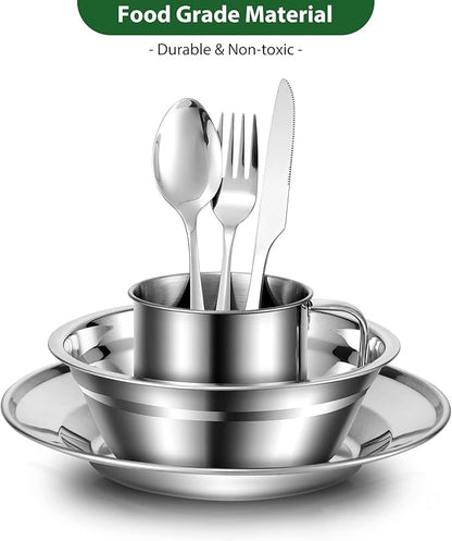 Odoland 29pcs Stainless Steel Utensils Camping Mess Kits for 4 Person | with Bowls Plates Cups Forks Spoons and Knives, Camping Cutlery Set for Backpacking, Family, Outdoor Hiking and Picnic