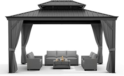 14'x12' Hardtop Gazebo, Heavy Duty Aluminum Permanent Hardtop Gazebo Outdoor Pavilion with Curtains and Netting for Garden (Gray, 14'x12')