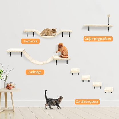 Wall-Mounted Cat Climber Set with Climbing Shelves, Perches, Bridge,Hammock,Scratching Board & Ball - 7 Pcs Wood Indoor Cat Furniture for Kittens Play (Dark Grey) | Multi-Level Climbing, Wood Wall Furniture, Perches, Bridge, Hammock, Scratcher, Indoor ...
