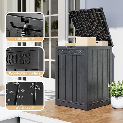 EasyUp Outdoor Package Delivery Box, 48-Gallon Lockable Parcel Drop Box, Large Double-Walled Resin Weatherproof Storage Deck Box for Porch and Patio (Black)