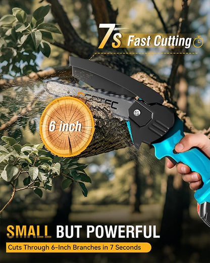 Mini Chainsaw Cordless 6-inch, NEOTEC Handheld Electric Chainsaw 4000mAh Battery Powered with Dual Security Lock, Mini Chain Saw for Tree Trimming Wood Cutting (2 Batteries+3 Chains+2 Bars)