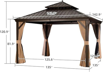 PURPLE LEAF 12' X 12' Outdoor Hardtop Gazebo Permanent Outside Heavy Duty Sun Shade Deck Canopy for Patio All Weather Aluminum Metal Roof Backyard Pavilion with Netting and Curtains