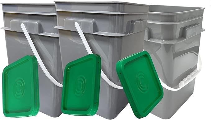 House Naturals 4 Gallon Square Food Grade Bucket Pail with Plastic Handles and Lid (Pack of 3) Made in USA containers (Gray Buckets-Green lids)