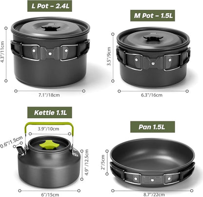 Odoland 29pcs Camping Cookware Mess Kit, Non-Stick Lightweight Pots Pan Kettle, Collapsible Water Container and Bucket, Stainless Steel Cups Plates Forks Knives Spoons for Outdoor Backpacking Picnic