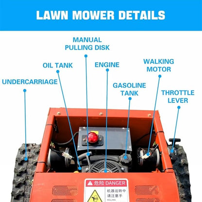 Gasoline Powered Remote Control Lawn Mowerwith Snow Plow, 9HP Crawler Mower with 600m Range for Steep Hills and Orchards (Orange)