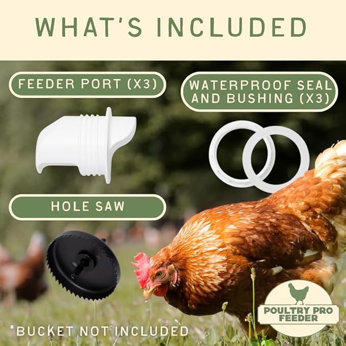 The Original Poultry Pro DIY Chicken Feeder | 3 Ports Poultry Feeders for Chicken Coop | Use for Buckets & Bins | Rain Proof, Weather Resistant - Original Feeder 3-Pack with Hole Saw