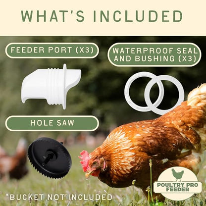 The Original Poultry Pro DIY Chicken Feeder | 3 Ports Poultry Feeders for Chicken Coop | Use for Buckets & Bins | Rain Proof, Weather Resistant - Original Feeder 3-Pack with Hole Saw